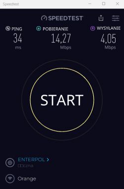 Zrzut ekranu z wynikami testu prędkości internetu od Enterpol przez sieć Orange z pingiem 34 ms, pobieraniem 14,27 Mbps i wysyłaniem 4,05 Mbps.