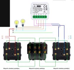 Wiring diagram for a Wi-Fi switch module with double staircase and double cross switches and light bulbs.