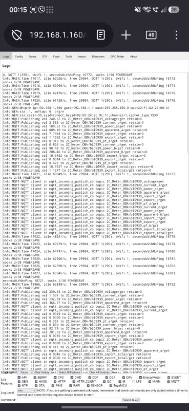 Phone screenshot of a web UI showing MQTT logs and the address bar with 192.168.1.160
