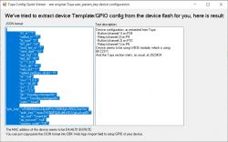 Screenshot of Tuya Config Quick Viewer showing device configuration in JSON format and GPIO section description.