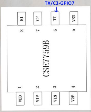 CSE7759B Pinout Diagram with TX/GPIO7 Marked Diagram of the CSE7759B chip with the TI pin highlighted and labeled TX/C3-GPIO7.