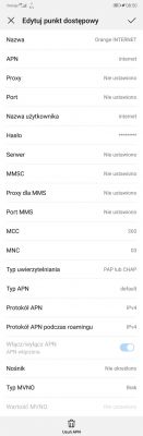 Zrzut ekranu ustawień punktu dostępowego APN na smartfonie z operatorem Orange.