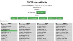ESP32 Internet Radio interface with station list and control buttons.