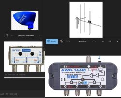 Zbiór zdjęć przedstawiających elementy instalacji antenowej: zwrotnicę antenową Telmor ZWR-210DC, antenę kierunkową VHF, wzmacniacz sygnału AWS-144M AMS oraz modół z niebieską obudową.