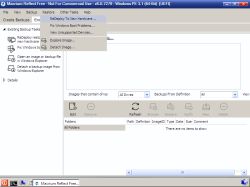 Zrzut ekranu programu Macrium Reflect Free z otwartym menu „Restore” i opcją „ReDeploy To New Hardware” wyszarzoną.