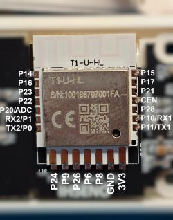 Tuya T1-U-HL module with labeled pins around the metal shield, close-up front view on a PCB