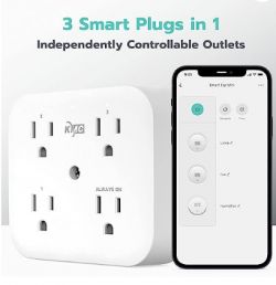 White KMC Smart Tap Mini with three independently controlled outlets and one ALWAYS ON outlet, shown next to a smartphone displaying a control app.