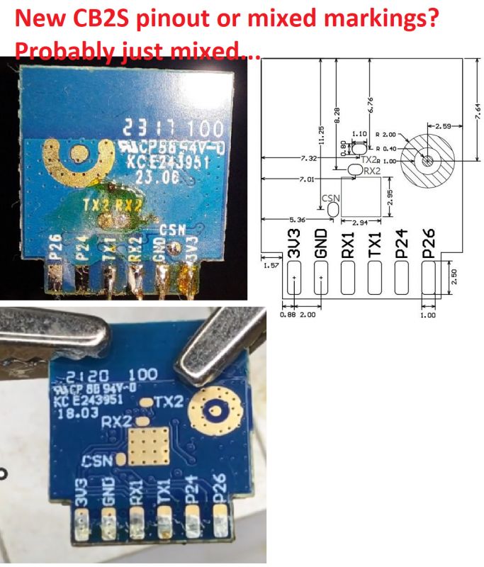 Close-up of a CB2S board with TX2 and RX2 labels and a pinout diagram.