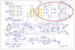 Schemat elektroniczny spawarki z zaznaczonym na czerwono fragmentem obwodu oraz kolorowymi liniami sygnałów.