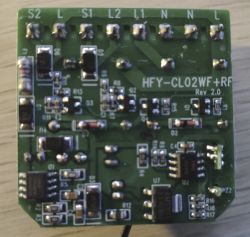 Close-up of the PCB board of the HFY-CL02WF+RF Rev 2.0 module showing electronic components.