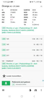 Zrzut ekranu wyników testu sieci Orange na LTE 2600 w aplikacji do analizy sygnału.