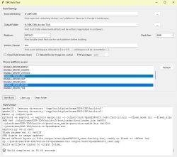 Screenshot of OBK Build Tool showing build settings, driver list, and a completed build output log.