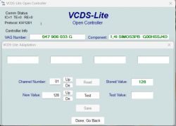 Zrzut ekranu z programu VCDS-Lite: Open Controller, z widocznymi informacjami o numerze VAG i komponencie.