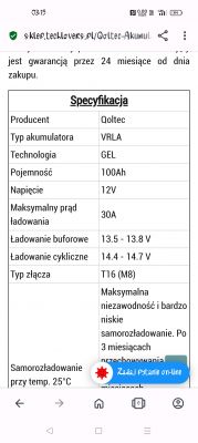 Specyfikacja akumulatora Qoltec VRLA 100Ah