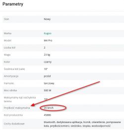 Tabela z parametrami hulajnogi elektrycznej Kugoo M4 Pro, z podkreśloną maksymalną prędkością 20 km/h.
