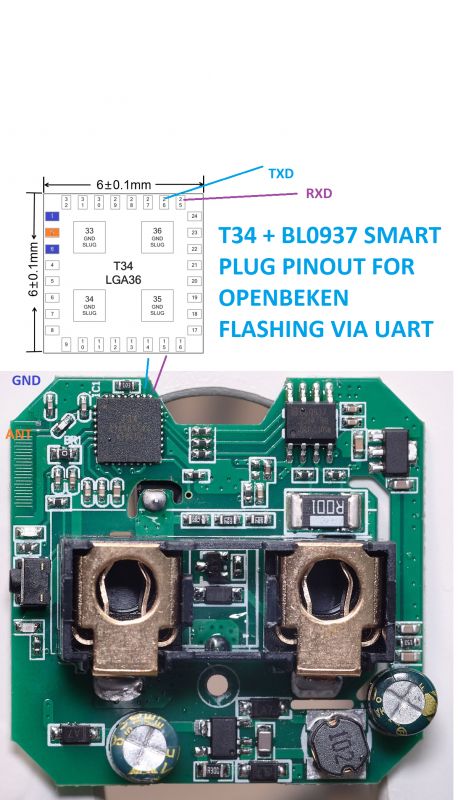T34 Module Pinout for OpenBeken Programming Circuit board of a T34 module with pinout for OpenBeken programming.