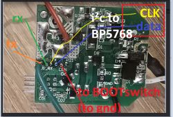 Image of a circuit board with labeled RX, TX pins and i²c connection to the BP5768 chip.
