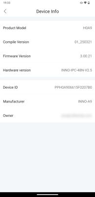 Screenshot of an app showing device information for the INNO-A9, including model, firmware, and hardware details.