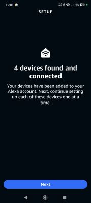 Alexa app setup screen showing “4 devices found and connected” with a “Next” button.