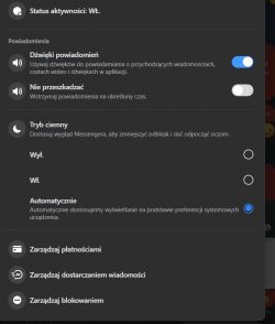 Ustawienia aplikacji z włączonymi powiadomieniami dźwiękowymi i trybem automatycznym.