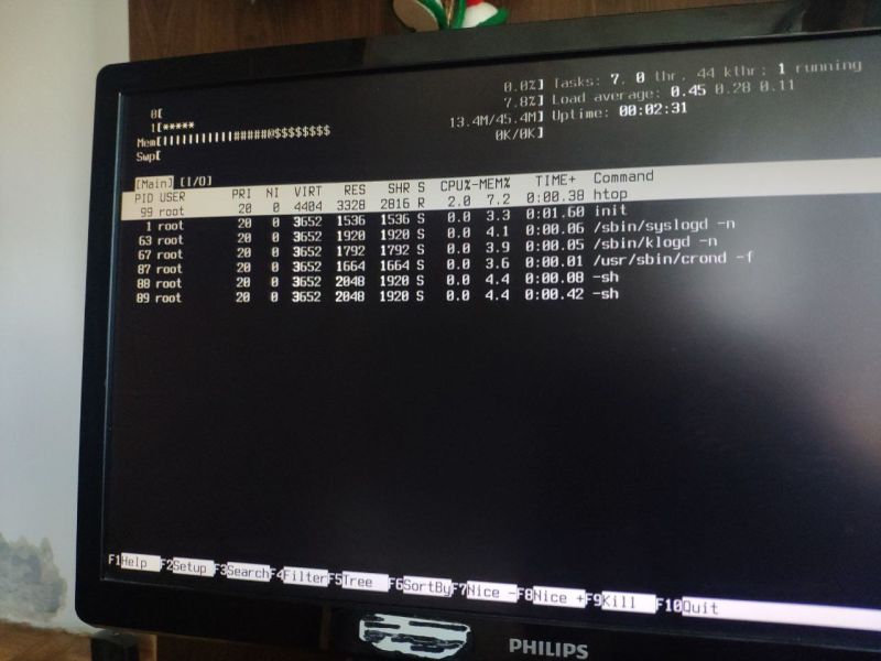 Ekran monitora pokazujący uruchomioną aplikację htop w trybie tekstowym na systemie Linux