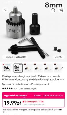 Zestaw uchwytu wiertarskiego z akcesoriami na tle białego tła z ceną i opisem produktu.