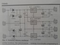 Schemat ideowy zasilacza zawierający elementy takie jak diody 1N4002, kondensatory oraz układy scalone LM7812, LM7805 i LM7905.