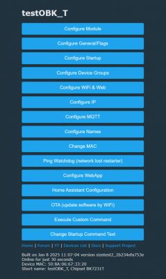Configuration screen of the testOBK_T interface with various configuration options.