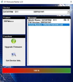 Screenshot of S11 firmware flasher v2.0 application showing device information and firmware upgrade functions.