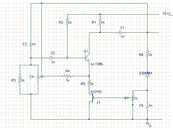 Generator Wiena na tranzystorach JFET, f=5kHz, 5V, zniekształcenia ≤0,1%