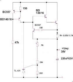 Schemat stabilizatora 30 V/1,7 A na tranzystorach BD912, BD135, BD139, BD140