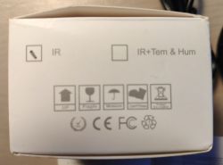 IR Remote Packaging with Technical Information IR remote packaging with informational symbols.