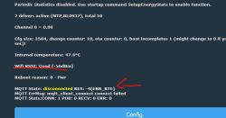 Screenshot of a system interface showing Wi-Fi status and MQTT error with pointer on MQTT disconnected.