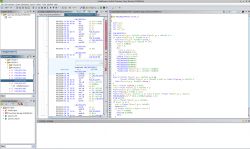 Screenshot of a binary analysis program with machine code and decompiled code in C language.
