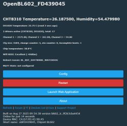 OpenBL602 web interface showing sensor temperature, humidity, and diagnostics