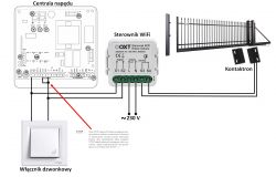 Schemat podłączenia centrali napędu, sterownika WiFi i włącznika dzwonkowego.