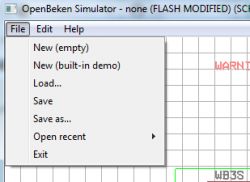 OpenBeken Simulator Window with File Menu Expanded OpenBeken Simulator window with File menu open.