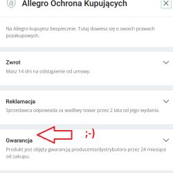 Zrzut ekranu Allegro: sekcje Zwrot, Reklamacja i Gwarancja z informacją o 24 miesiącach.
