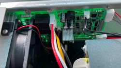 Interior of a Korad power supply with visible electronic components and wires.