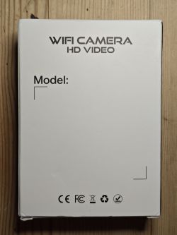 WiFi HD Video Camera Packaging White box labeled WiFi Camera HD Video with certification symbols at the bottom.