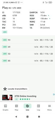 Zrzut ekranu aplikacji pokazujący szczegóły sygnału LTE sieci Play na paśmie 1800 MHz