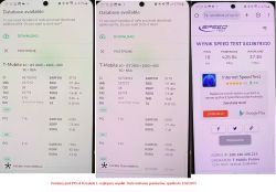 Zrzuty ekranu pokazujące dane sieciowe i wyniki testu prędkości z Samsunga S23, z sieci T-Mobile.