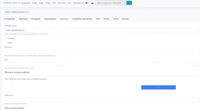 Zrzut ekranu interfejsu konfiguracyjnego urządzenia Zigbee w Home Assistant.