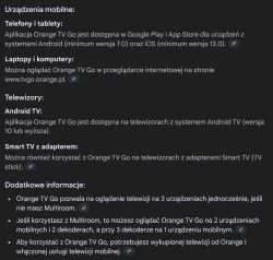 Zrzut ekranu z informacjami w języku polskim o dostępności aplikacji Orange TV Go na różnych urządzeniach mobilnych i telewizorach.