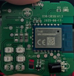 Close-up of a PCB with a T1‑3S module, GND/3V3/5V labels, and multiple LEDs