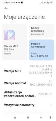 Ekran ustawień telefonu Xiaomi Redmi Note 8T z informacjami o wersji MIUI, Androida i pamięci.