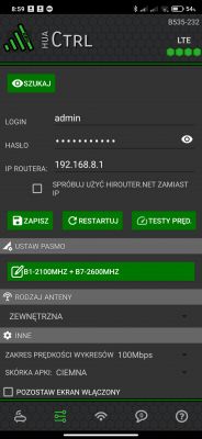 Zrzut ekranu z aplikacji HuaCtrl pokazujący ustawienia routera Huawei B535-232.