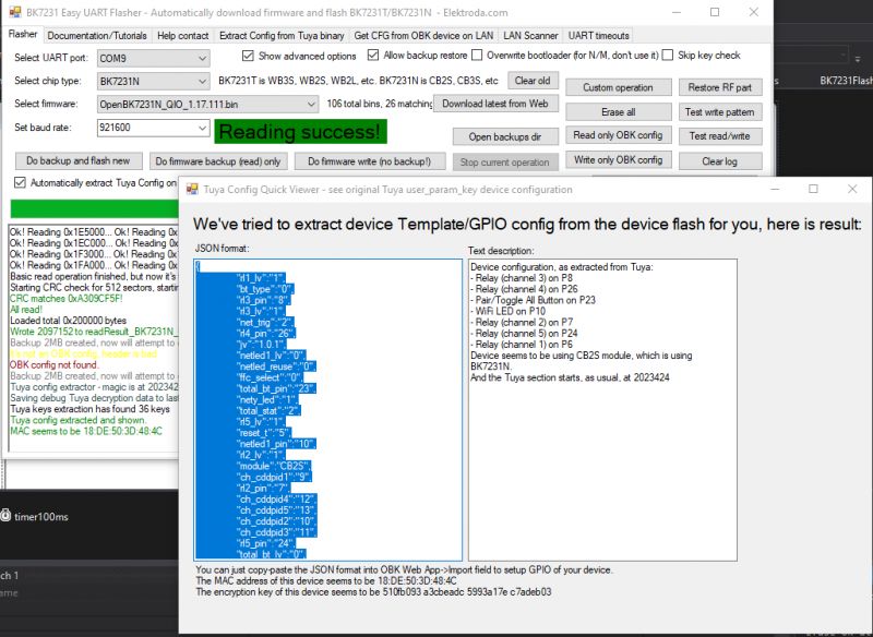 Screenshot of BK7231 Easy UART Flasher software showing successful extraction of a device's GPIO configuration in JSON for a power strip.
