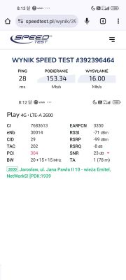 Zrzut ekranu z wynikami testu prędkości internetu mobilnego Play 4G LTE-A 2600.