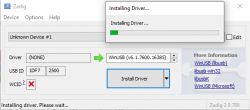 Screenshot of Zadig software installing a driver for an unrecognized USB device.